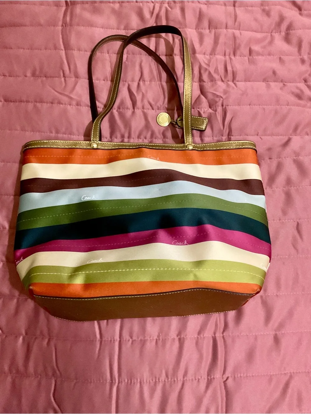 Coach Striped Multicolor Tote with Gold Trim